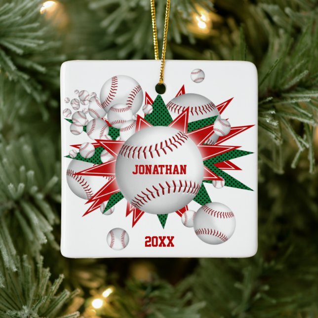 festive sports red green baseball softball blowout ceramic ornament (Tree)