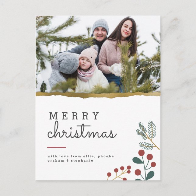 Festive Sprigs & Gold Rip | Merry Christmas Photo Postcard (Front)