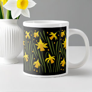 Festive Spring Yellow Daffodils on Black Large Coffee Mug