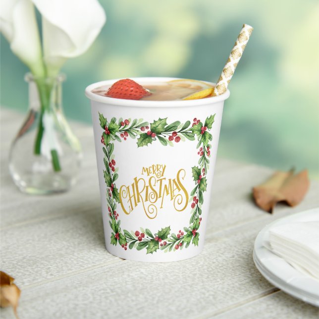 Festive Square Holly Wreath - Gold Merry Christmas Paper Cups (Insitu)