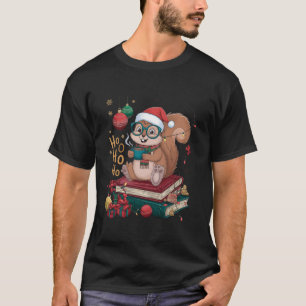 Festive Squirrel with Santa Glasses and Candy Cane T-Shirt
