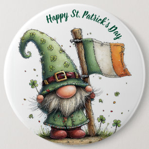 Festive St. Patrick’s Day Gnome With Irish Flag  6 Inch Round Button