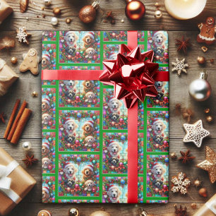 Festive Stained Glass Christmas Dogs Pattern  Wrapping Paper