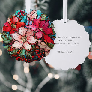 Festive Stained Glass Christmas Poinsettias Ornament Card