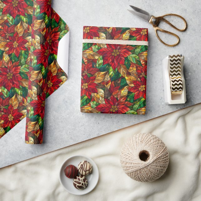 Festive Stained-Glass Poinsettia Pattern Wrapping Paper (Crafts)