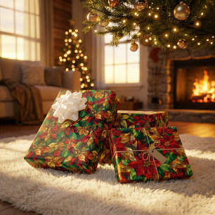 Festive Stained-Glass Poinsettia Pattern Wrapping Paper Sheet