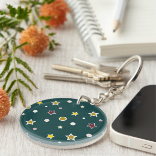 Festive Star Pattern on Dark Teal Keychain