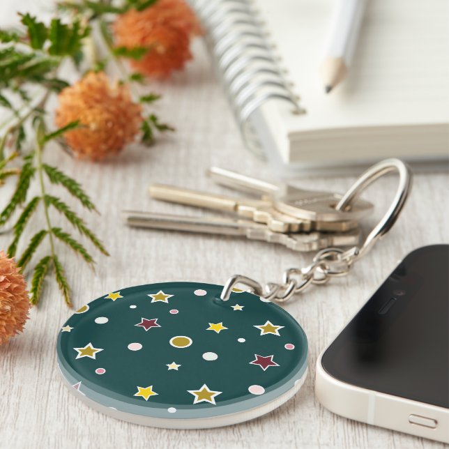 Festive Star Pattern on Dark Teal Keychain (Front Right)