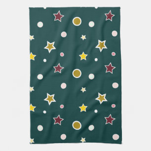 Festive Star Pattern on Dark Teal Kitchen Towel
