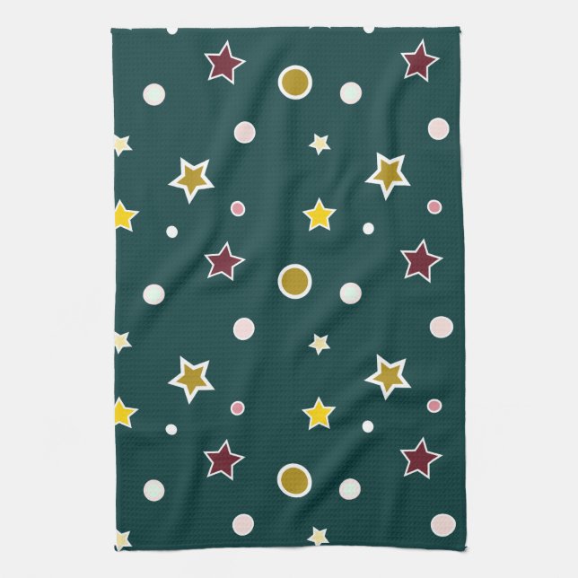 Festive Star Pattern on Dark Teal Kitchen Towel (Vertical)