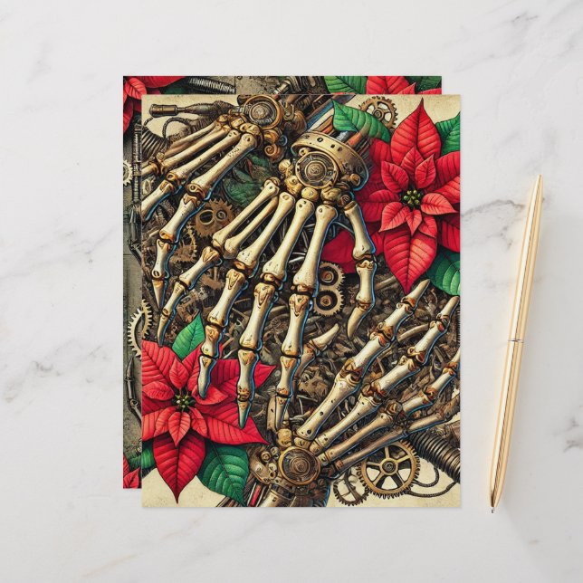 Festive Steampunk Hand Bones with Poinsettia (Front/Back In Situ)
