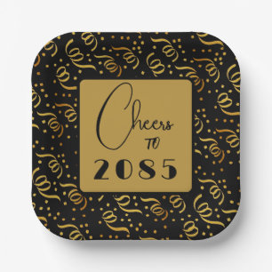 Festive Streamers Black n Gold New Years Party Paper Plate