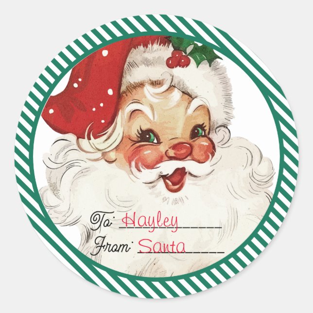 Festive Stripe Green From Santa Gift Classic Round Sticker (Front)