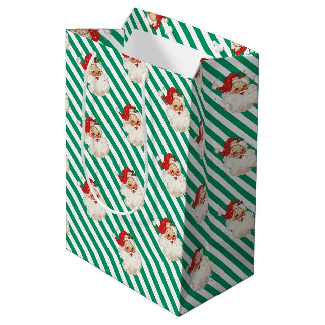 Festive Stripe Green Retro Santa Christmas Medium Gift Bag (Back Angled)