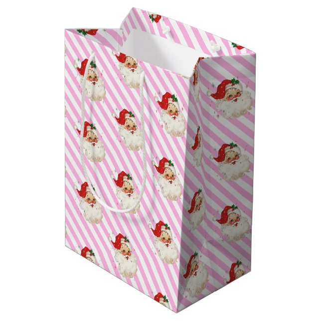 Festive Stripe Pink Retro Santa Christmas Medium Gift Bag (Back Angled)
