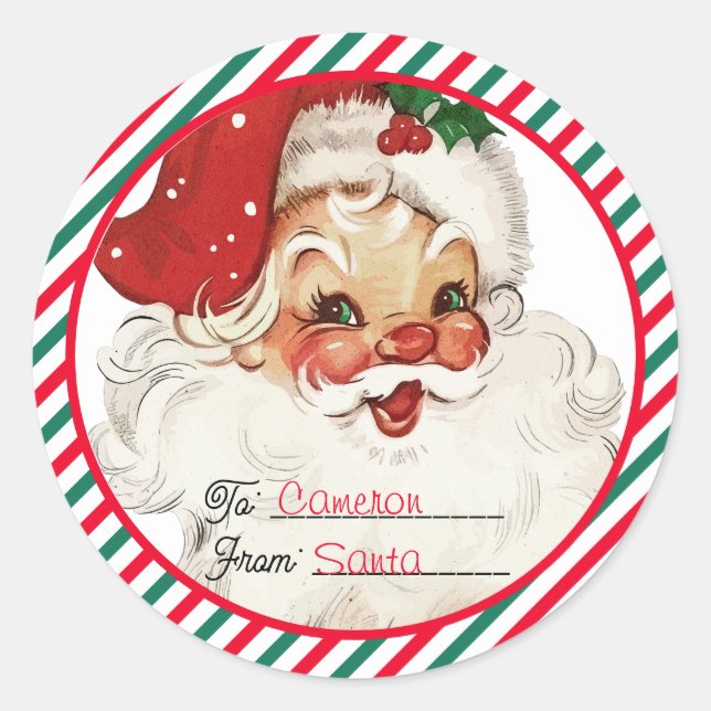 Festive Stripe Red Green From Santa Gift Classic Round Sticker (Front)