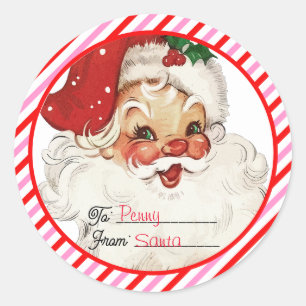 Festive Stripe Red Pink From Santa Gift Classic Round Sticker