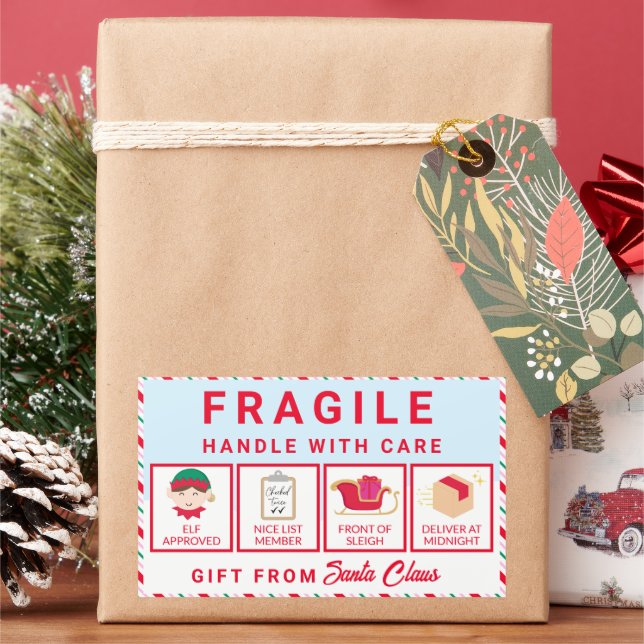 Festive Stripe Santa's Workshop Fragile Sticker (Holiday)