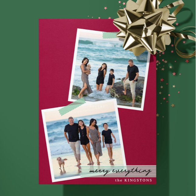 Festive Striped Tape- V2- Photo Holiday Flat Card (Minimalist and modern two photo holiday card by Clearlytangled Studio.)