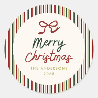 Festive Stripes & Bow Christmas  Classic Round Sticker