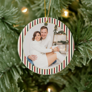 Festive Stripes & Bow Christmas Photo Ceramic Ornament