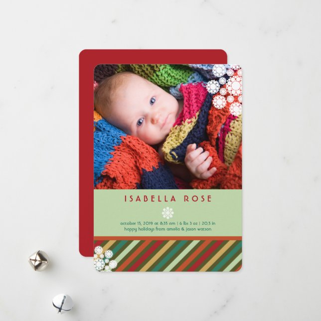 Festive Stripes Holiday Photo Faire-part de naissa (Devant/Arrière en situation)