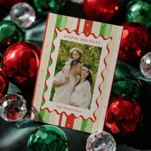 Festive Stripes & Wavy Border Christmas Photo Holiday Card