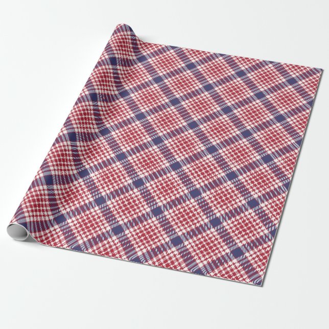 Festive Stylish Red White & Blue Tartan Pattern  Wrapping Paper (Unrolled)