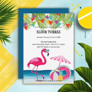 Festive Summer Beach Pink Flamingo Baby Shower Invitation