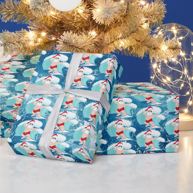 festive surfing Santa beach Wrapping Paper (Holidays)