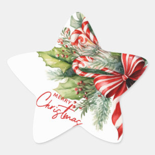 Festive Sweet Candy Canes Merry Christmas Star Sticker