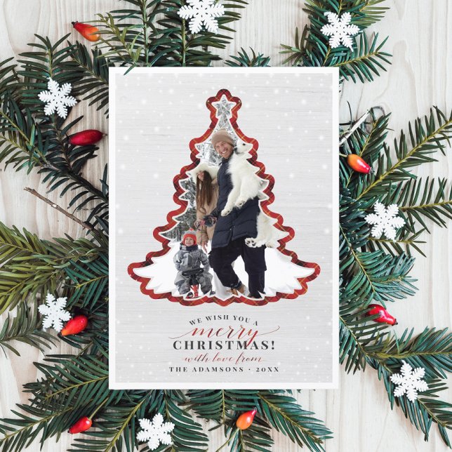 Festive Tartan Christmas Tree Frame Holiday Photo Card (Creator Uploaded)