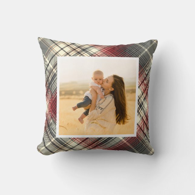Festive Tartan Grey Red Photo Throw Pillow (Front)