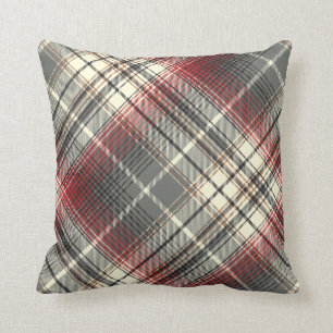 Festive Tartan Grey Red plaid pattern Throw Pillow