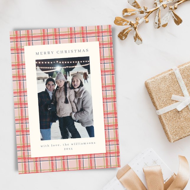 Festive Tartan Plaid Red Christmas Letter Photo Holiday Card (Creator Uploaded)