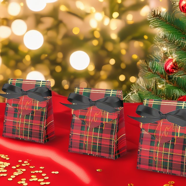 Festive Tartan Red & Green Gold 'Joy'  Favor Box (Stylish Christmas Red and Green 'Joy' Tartan Plaid Holiday Gift Favor Boxes )