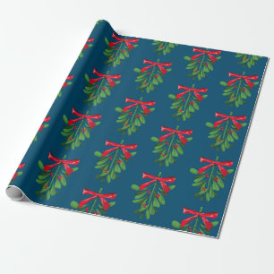 Festive Teal and Red Mistletoe Pattern Christmas Wrapping Paper