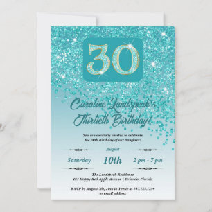 Festive Teal Blue Glitter 30th Birthday Invitation