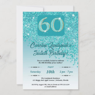 Festive Teal Blue Glitter 60th Birthday Invitation