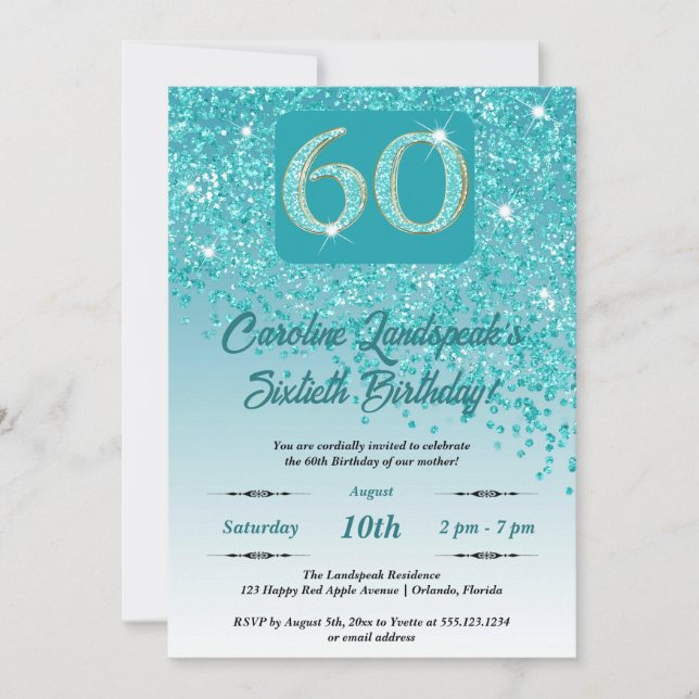 Festive Teal Blue Glitter 60th Birthday Invitation (Front)