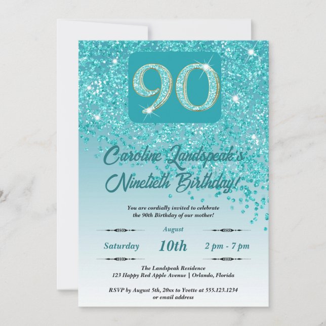 Festive Teal Blue Glitter 90th Birthday Invitation (Front)