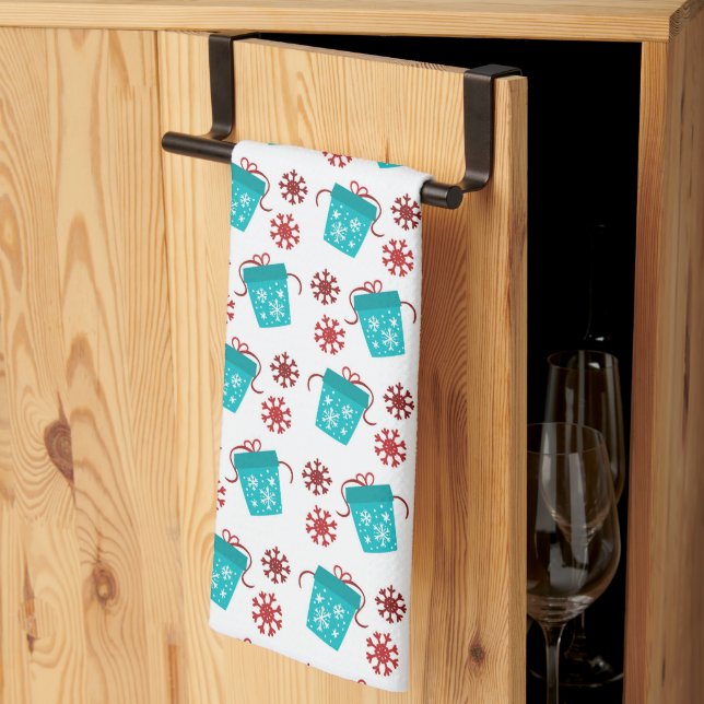 festive teal tiled Christmas Holiday Kitchen Towel (Thirds Fold)