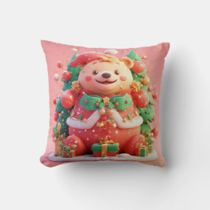 Festive Teddy Bear With Gifts and Christmas Tree Throw Pillow