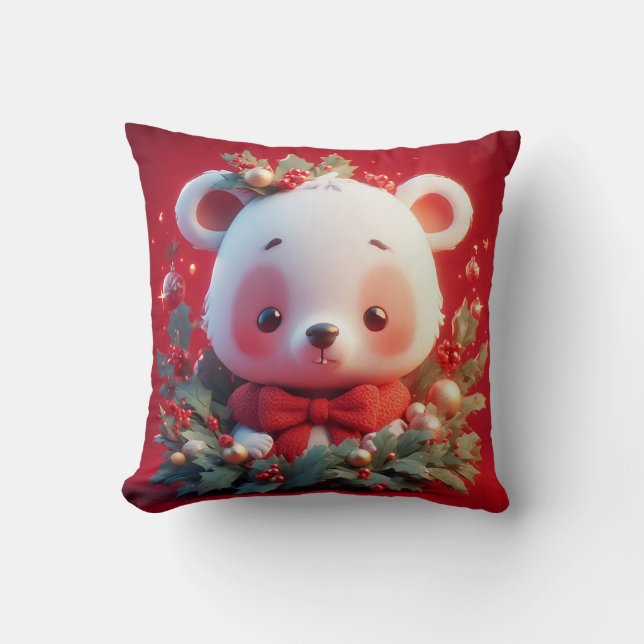 Festive Teddy Bear With Gifts and Christmas Tree Throw Pillow (Front)