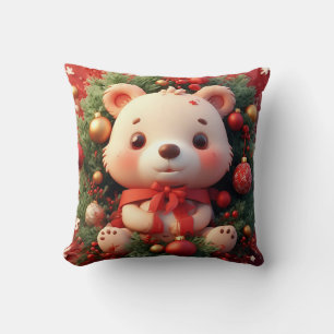 Festive Teddy Bear With Gifts and Christmas Tree Throw Pillow