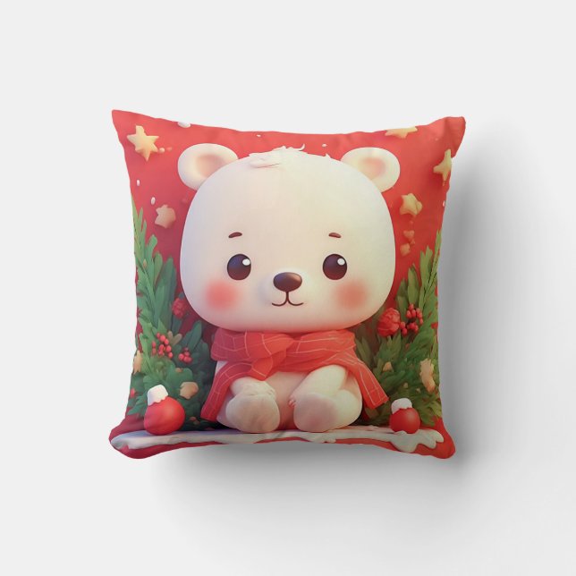 Festive Teddy Bear With Gifts and Christmas Tree Throw Pillow (Front)