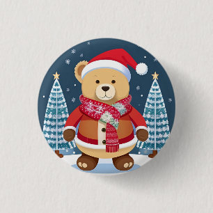 Festive Teddy Bear With Santa Hat 1 Inch Round Button