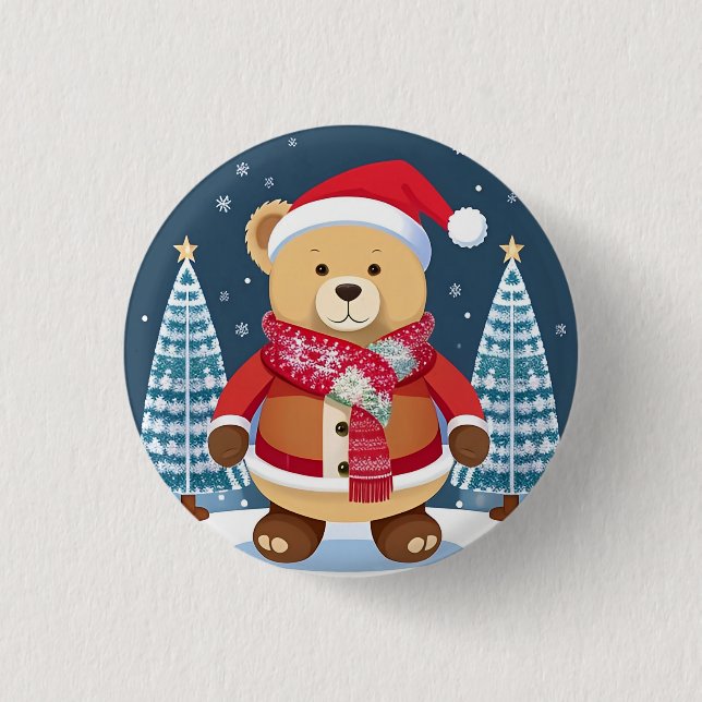 Festive Teddy Bear With Santa Hat 1 Inch Round Button (Front)