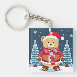 Festive Teddy Bear With Santa Hat Keychain