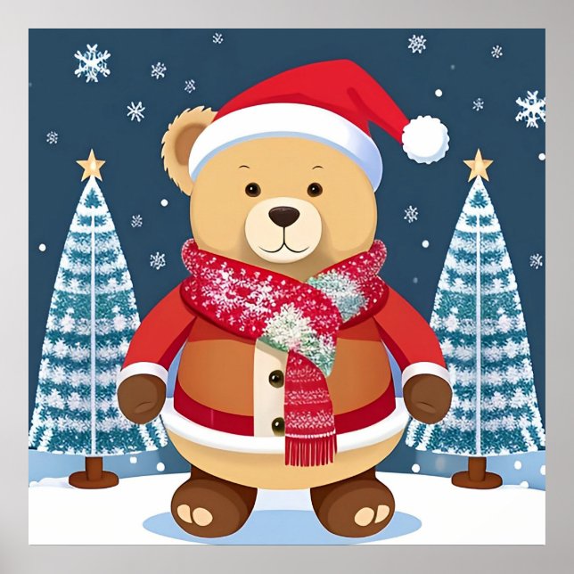 Festive Teddy Bear With Santa Hat Poster (Front)